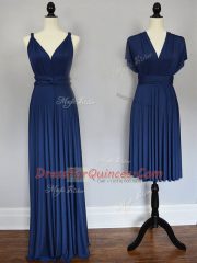 Traditional Sleeveless Floor Length Ruching Lace Up Dama Dress with Navy Blue