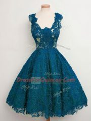 Teal A-line Lace Straps Sleeveless Lace Knee Length Lace Up Vestidos de Damas