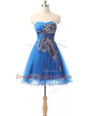 Best Mini Length Blue Prom Evening Gown Tulle Sleeveless Appliques