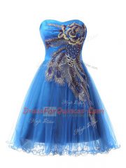 Best Mini Length Blue Prom Evening Gown Tulle Sleeveless Appliques