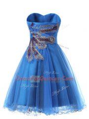 Best Mini Length Blue Prom Evening Gown Tulle Sleeveless Appliques
