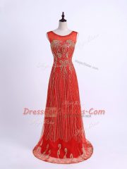 Simple Red Sleeveless Floor Length Beading Zipper Prom Dresses
