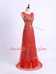 Simple Red Sleeveless Floor Length Beading Zipper Prom Dresses