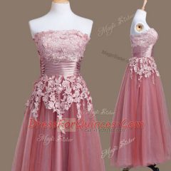 Captivating Pink Empire Tulle Strapless Sleeveless Appliques Tea Length Lace Up Court Dresses for Sweet 16