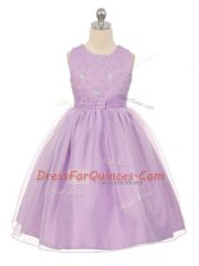 New Style Lavender Tulle Lace Up Scoop Sleeveless Knee Length Toddler Flower Girl Dress Beading