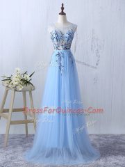 Scoop Sleeveless Side Zipper Dama Dress for Quinceanera Light Blue Tulle