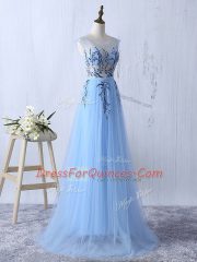 Scoop Sleeveless Side Zipper Dama Dress for Quinceanera Light Blue Tulle