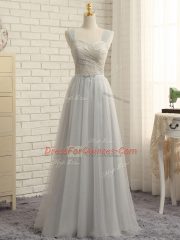 Sweep Train Empire Quinceanera Court Dresses Grey Straps Tulle Sleeveless Floor Length Zipper