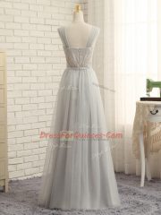 Sweep Train Empire Quinceanera Court Dresses Grey Straps Tulle Sleeveless Floor Length Zipper