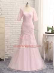 Modern Baby Pink Tulle Zipper V-neck Half Sleeves Floor Length Homecoming Dress Lace and Appliques