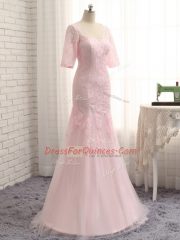 Modern Baby Pink Tulle Zipper V-neck Half Sleeves Floor Length Homecoming Dress Lace and Appliques