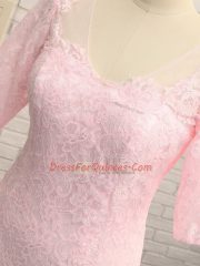 Modern Baby Pink Tulle Zipper V-neck Half Sleeves Floor Length Homecoming Dress Lace and Appliques