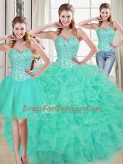Excellent Turquoise Lace Up Sweetheart Beading and Ruffled Layers Vestidos de Quinceanera Organza Sleeveless Brush Train