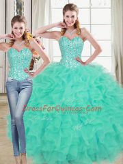 Beauteous Turquoise Lace Up 15 Quinceanera Dress Beading and Ruffled Layers Sleeveless Brush Train