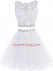 Most Popular Two Pieces Evening Dress White Scoop Tulle Sleeveless Mini Length Zipper