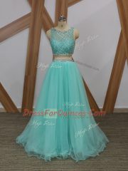 High Class Apple Green Sleeveless Beading Floor Length Homecoming Dress