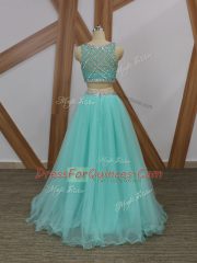 High Class Apple Green Sleeveless Beading Floor Length Homecoming Dress