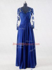 Floor Length Zipper Prom Evening Gown Blue for Prom and Party and Sweet 16 with Lace and Appliques