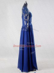 Floor Length Zipper Prom Evening Gown Blue for Prom and Party and Sweet 16 with Lace and Appliques
