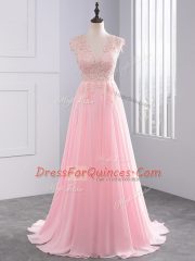 Designer Baby Pink Prom Dresses V-neck Sleeveless Brush Train Side Zipper