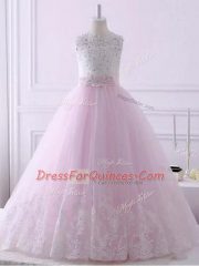 Hot Selling Tulle Scalloped Sleeveless Brush Train Lace Up Lace Pageant Gowns For Girls in Baby Pink