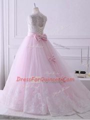 Hot Selling Tulle Scalloped Sleeveless Brush Train Lace Up Lace Pageant Gowns For Girls in Baby Pink