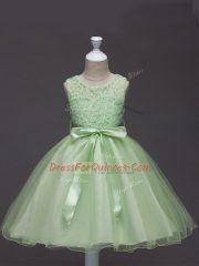 Yellow Green Tulle Zipper Pageant Gowns For Girls Sleeveless Knee Length Lace and Belt