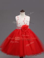 Scoop Sleeveless Kids Pageant Dress Knee Length Appliques and Hand Made Flower Red Organza