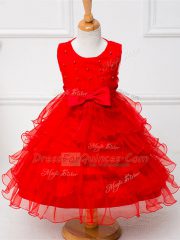 New Style Tea Length Zipper Little Girls Pageant Dress Wholesale Red for Wedding Party with Ruffled Layers and Bowknot