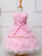 New Style Tea Length Zipper Little Girls Pageant Dress Wholesale Red for Wedding Party with Ruffled Layers and Bowknot