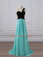 One Shoulder Sleeveless Chiffon Quinceanera Court of Honor Dress Ruching Brush Train Zipper