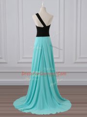 One Shoulder Sleeveless Chiffon Quinceanera Court of Honor Dress Ruching Brush Train Zipper