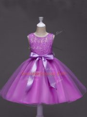 Classical Tulle Sleeveless Knee Length Girls Pageant Dresses and Lace and Belt
