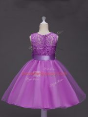 Classical Tulle Sleeveless Knee Length Girls Pageant Dresses and Lace and Belt