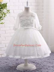 Custom Designed White Lace Zipper Flower Girl Dress Short Sleeves Tea Length Lace and Appliques