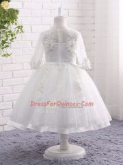 Custom Designed White Lace Zipper Flower Girl Dress Short Sleeves Tea Length Lace and Appliques