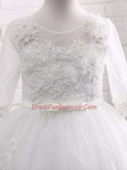 Custom Designed White Lace Zipper Flower Girl Dress Short Sleeves Tea Length Lace and Appliques