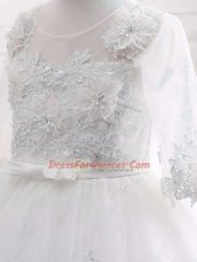 Custom Designed White Lace Zipper Flower Girl Dress Short Sleeves Tea Length Lace and Appliques