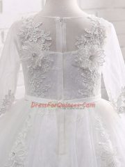 Custom Designed White Lace Zipper Flower Girl Dress Short Sleeves Tea Length Lace and Appliques