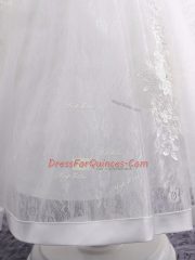 Custom Designed White Lace Zipper Flower Girl Dress Short Sleeves Tea Length Lace and Appliques