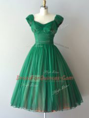 Green Lace Up Dama Dress Ruching Cap Sleeves Knee Length