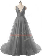 Charming Organza V-neck Sleeveless Brush Train Backless Ruching Prom Dresses in Grey