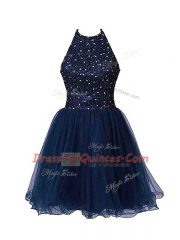 Decent Navy Blue Sleeveless Mini Length Beading Zipper Evening Dress