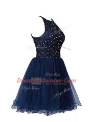 Decent Navy Blue Sleeveless Mini Length Beading Zipper Evening Dress