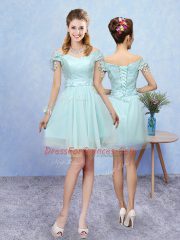 Aqua Blue Lace Up V-neck Lace Quinceanera Dama Dress Tulle Short Sleeves