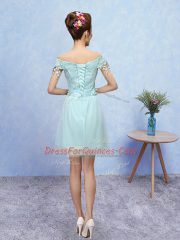 Aqua Blue Lace Up V-neck Lace Quinceanera Dama Dress Tulle Short Sleeves