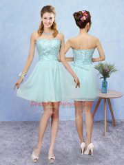Top Selling Sweetheart Sleeveless Quinceanera Court of Honor Dress Mini Length Appliques Aqua Blue Tulle