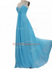 Chiffon One Shoulder Sleeveless Zipper Appliques Quinceanera Court of Honor Dress in Aqua Blue