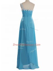 Chiffon One Shoulder Sleeveless Zipper Appliques Quinceanera Court of Honor Dress in Aqua Blue