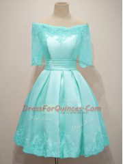 Custom Design Aqua Blue Court Dresses for Sweet 16 Prom and Party and Wedding Party with Lace Off The Shoulder Half Sleeves Lace Up